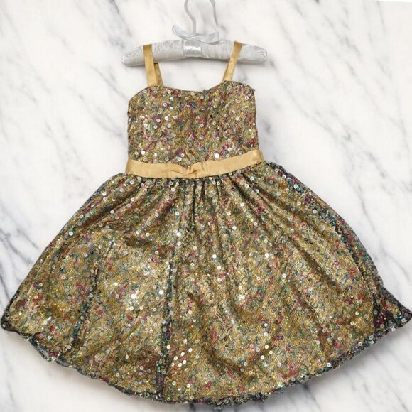 Sophia Sewing Girls Dress 2 – Gold Sequin Satin & Tulle Party Gown w/ Bow | EUC - Picture 12 of 16